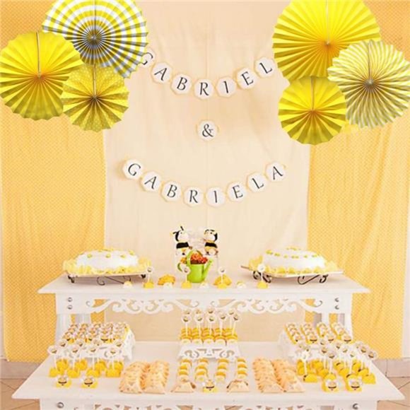 Party Hanging Paper Fans Set, Yellow Round Pattern Paper Garlands Decoration - Picture 4 of 6